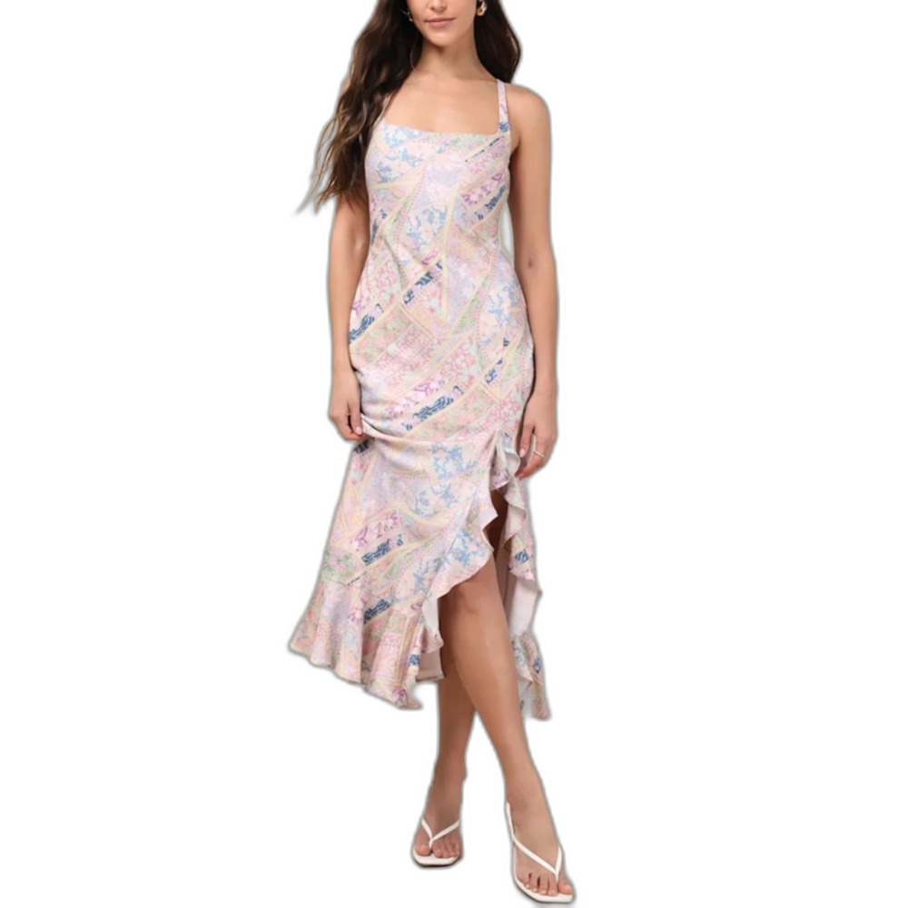 Lulus Women's NWOT Hitomi Pink Multi Scarf Print Lace Up Ruffle Midi Dress Sz S
